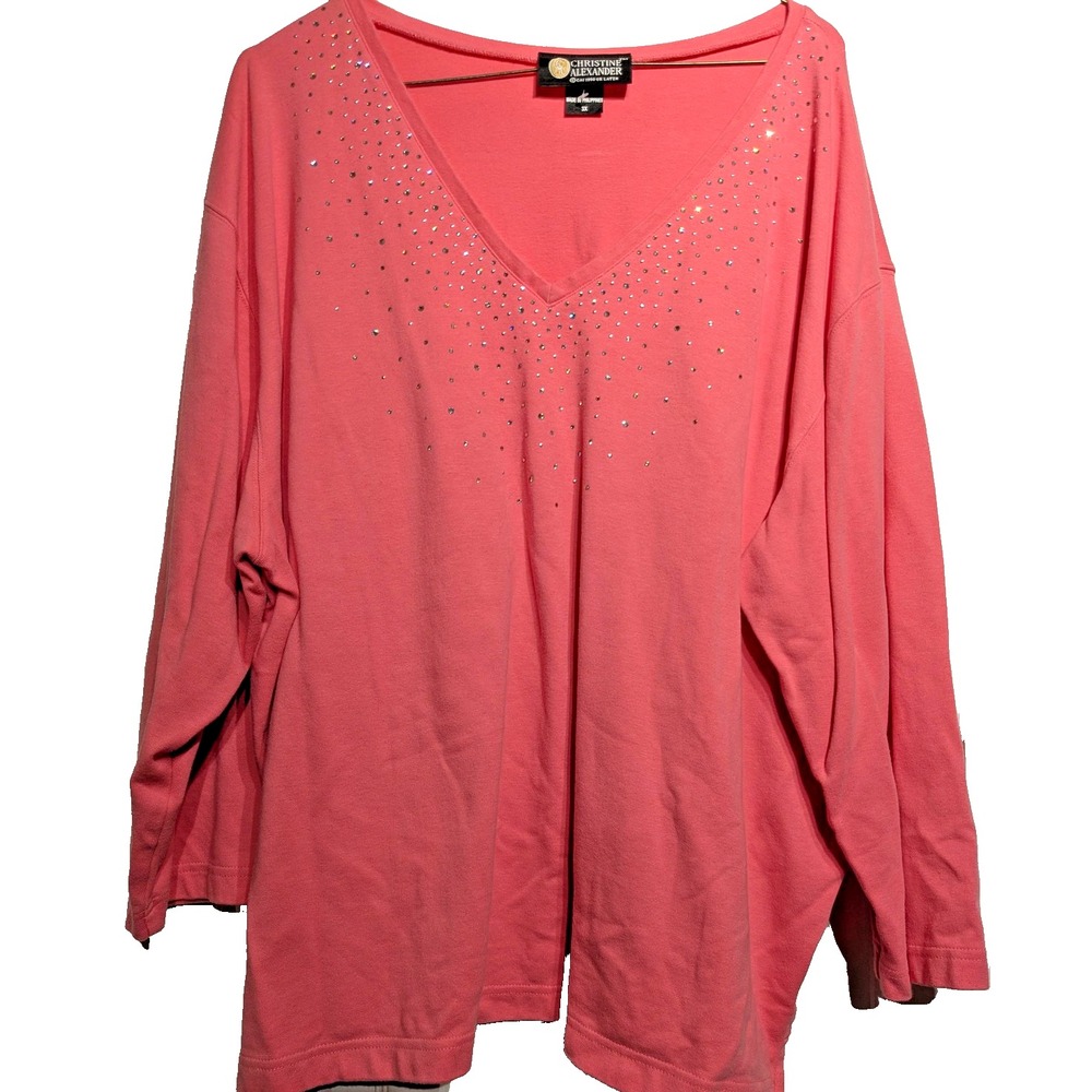 Christine Alexander Shirt Womens 3X Pink Rhinestone V-Neck 3/4 Sleeve Stretch